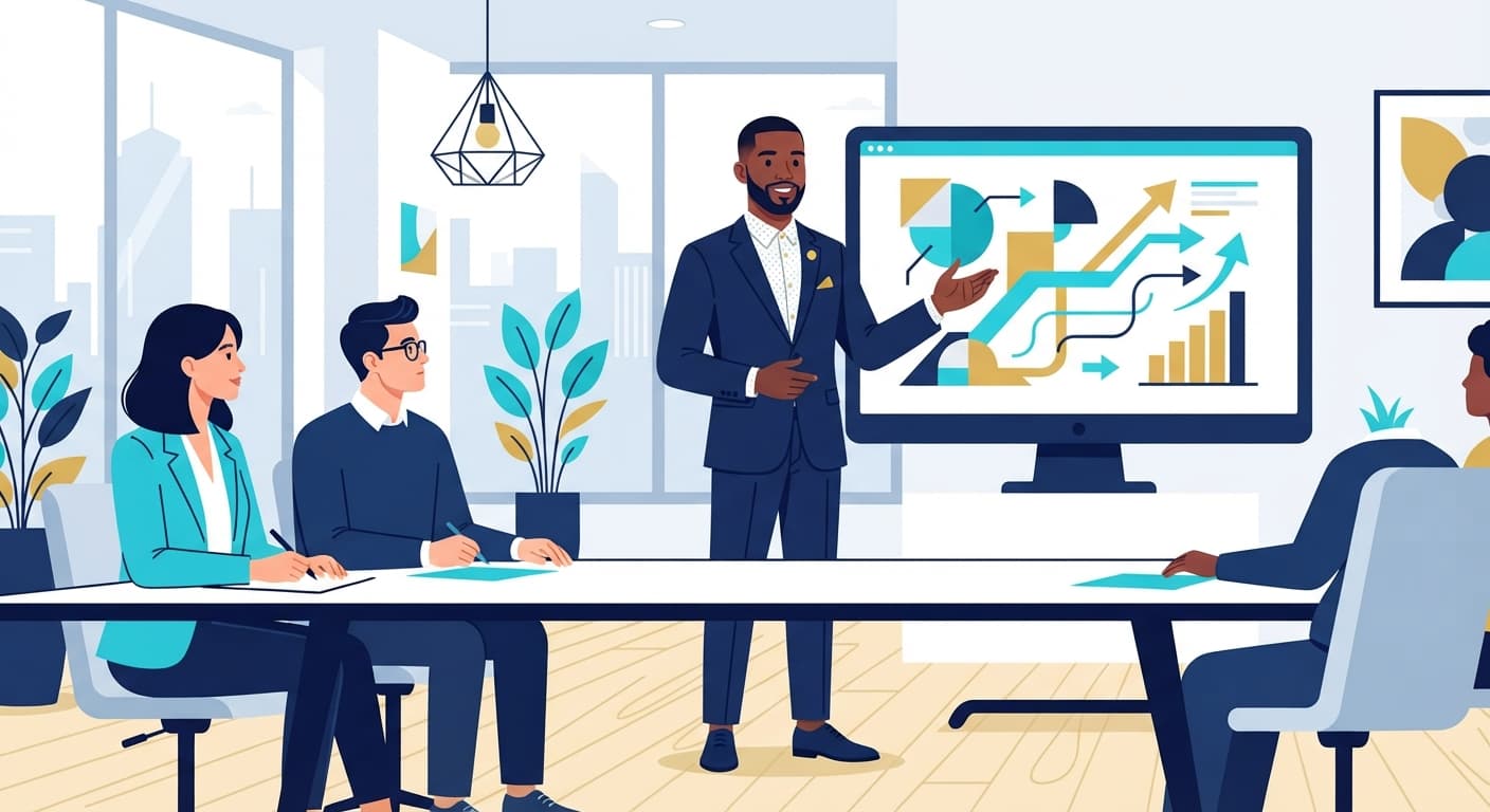 Illustration of a consultant presenting a strategy chart to a colleague